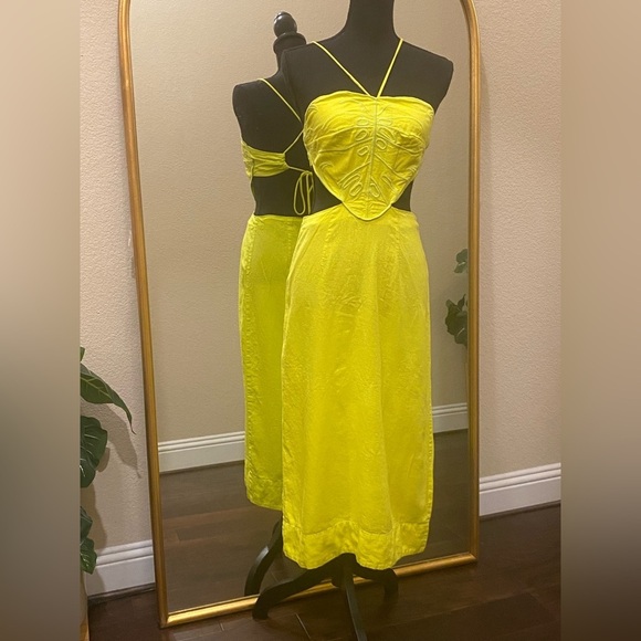 Farm Rio Monstera Open-Back Halter Linen Blend Midi Dress Size L - Picture 10 of 14